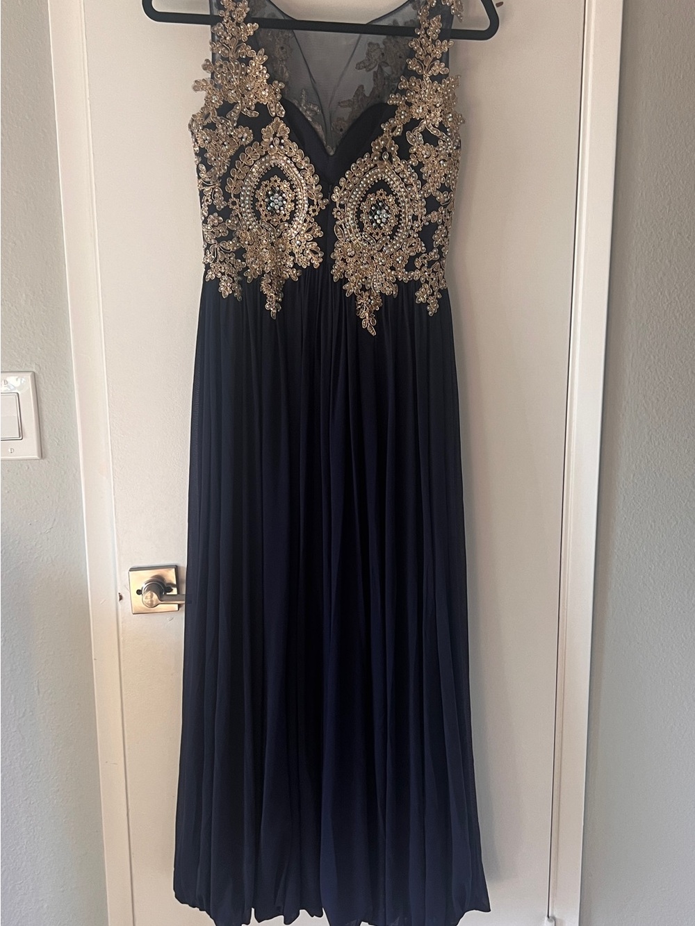Jovani Navy Gown with Gold/silver Beaded Bodice - Picture 8 of 9